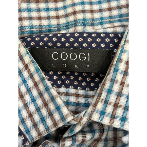 Coogi Luxe Mens Button-Up Checkered Shirt Blue Brown White Long Sleeve Size L - Picture 3 of 7